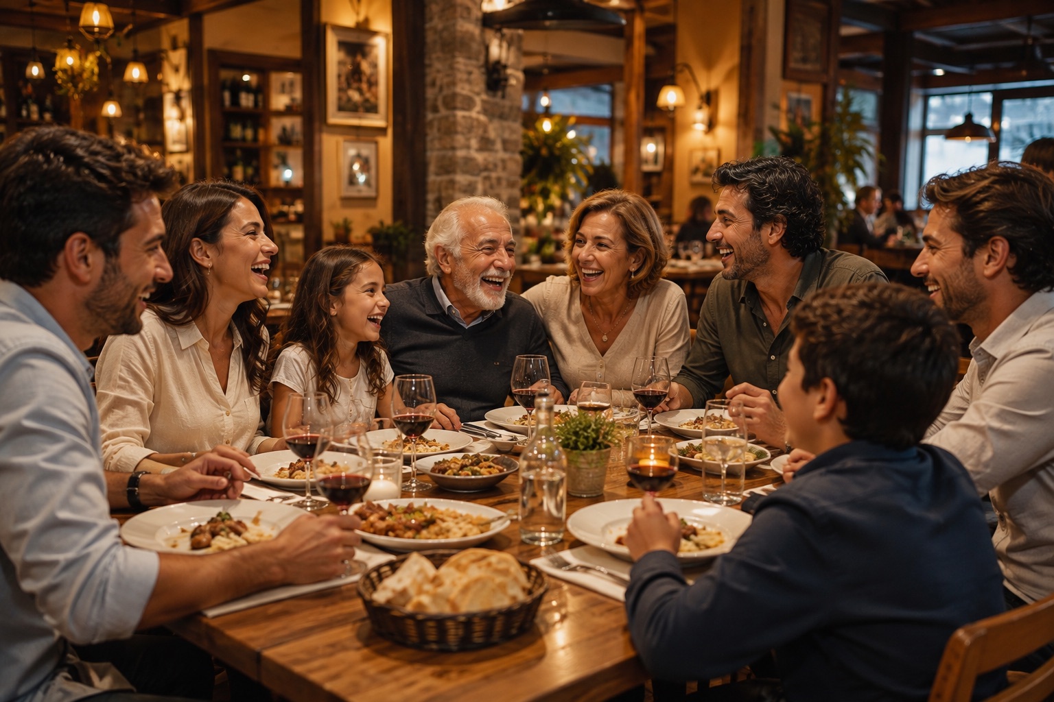 Famiglia di più generazioni che pranza insieme e ride al tavolo di I Love Meat
